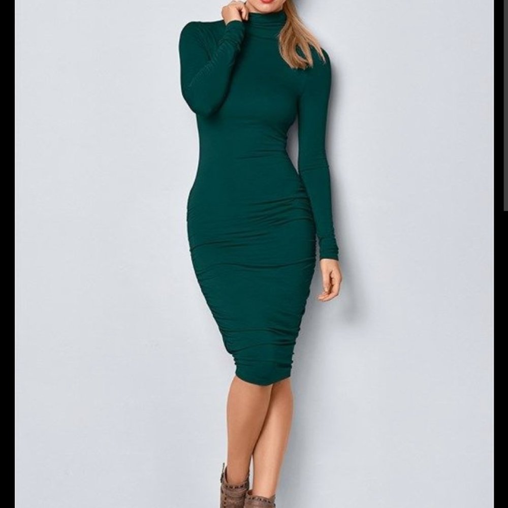 Long sleeve ruched mock neck dress